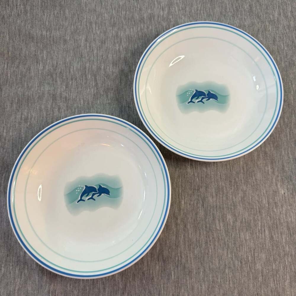 Corelle Ocean Dance Coupe Soup Cereal Bowl Set of 2 Blue Dolphins Sea Waves